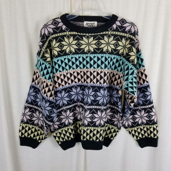 Vintage 90s Gerard Works Snowflake Nordic Loud Knit Sweater Womens M HK Pastel - Picture 1 of 5